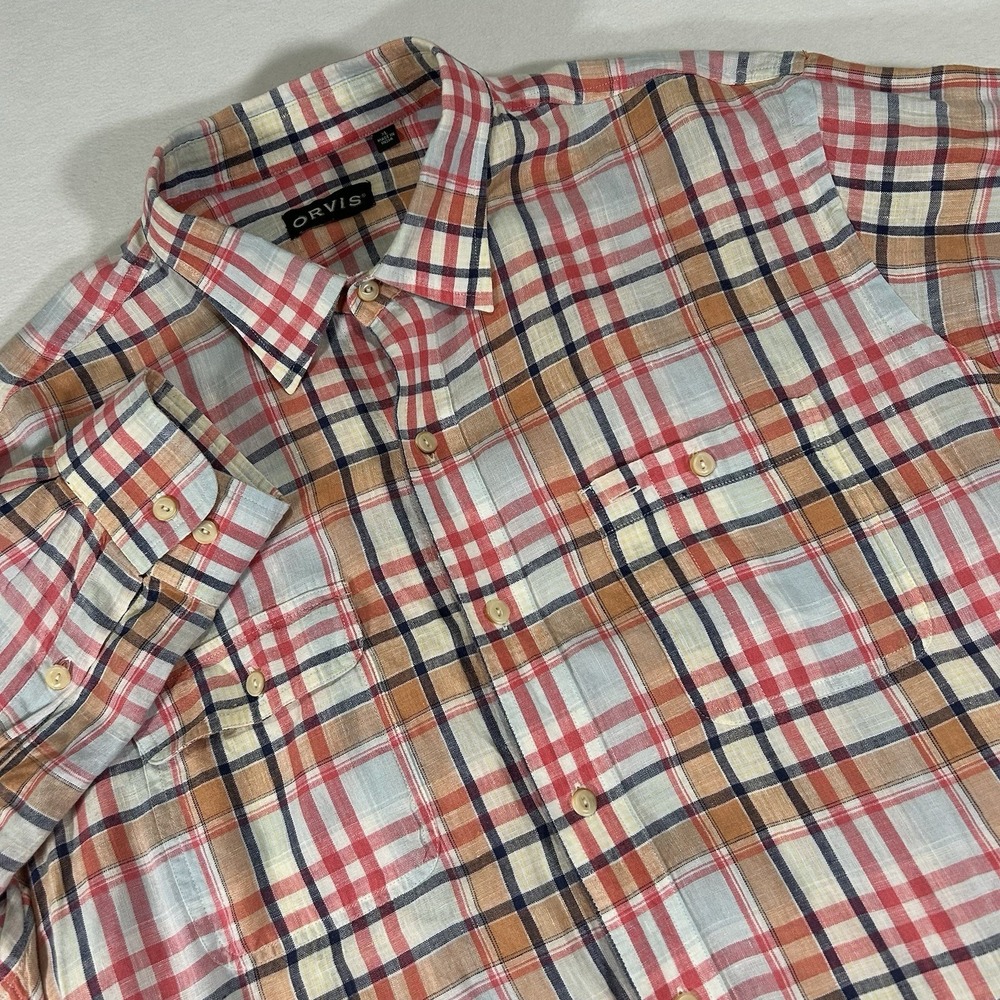 Orvis Men's XL Pink Orange Plaid 100% Linen Button Up Long Sleeve‎ Shirt